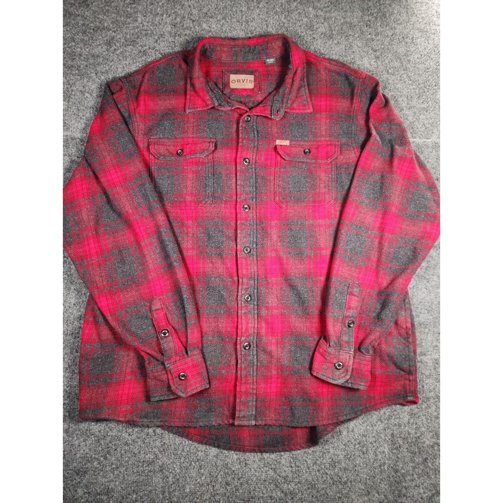 Orvis Flannel Shirt Jacket Mens XXL Red Plaid Heavyweight Double Brushed Shacket